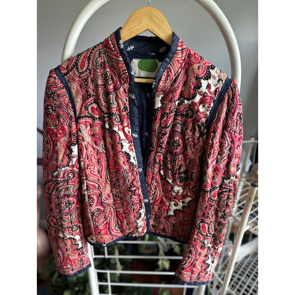 Anthropologie Quilted Jacket Paisley Print Red Navy Boho Soft Cozy Women Medium - Picture 7 of 10